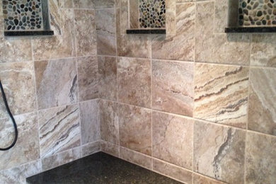 Large elegant master beige tile and ceramic tile ceramic tile bathroom photo in Indianapolis with granite countertops and beige walls