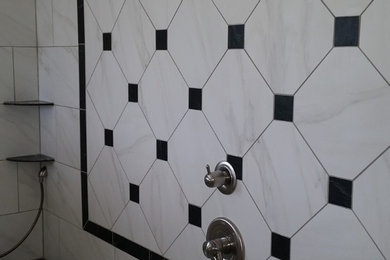 Inspiration for a contemporary master white tile and porcelain tile porcelain tile double shower remodel in Chicago