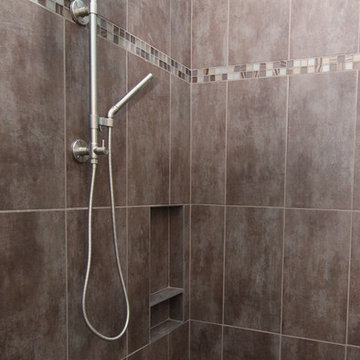 Shower with built in bench and shelves
