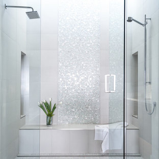 Bathroom - large transitional master white tile and mosaic tile marble floor bathroom idea in Sacramento with white walls