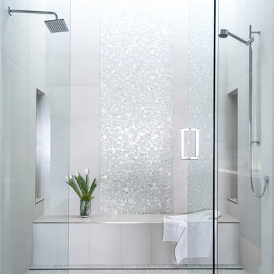 Bathroom - large transitional master white tile and mosaic tile marble floor bathroom idea in Sacramento with white walls