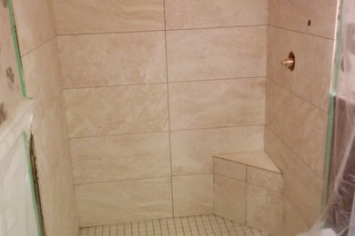 Inspiration for a small contemporary 3/4 corner shower remodel in Vancouver with a one-piece toilet and beige walls