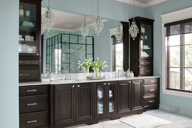 This is an example of an industrial ensuite bathroom in Columbus with raised-panel cabinets, grey cabinets, marble flooring, a submerged sink, quartz worktops, white floors, an open shower and white worktops.