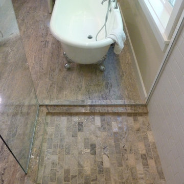 Silver 12x24 Vein Cut Travertine Master Bath & Silver Tumbled Mosaic Shower Pan