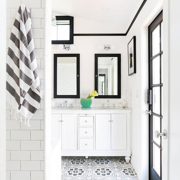 75 Black And White Tile Bathroom Ideas, Blue And White Patterned Bathroom Floor Tiles