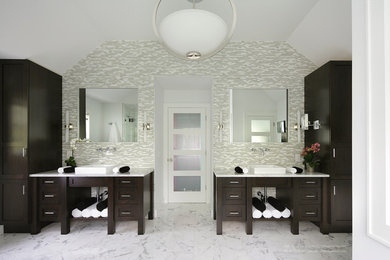 Example of a large transitional master white tile and glass tile marble floor bathroom design in New York with a vessel sink, shaker cabinets, dark wood cabinets, marble countertops, a two-piece toilet and white walls
