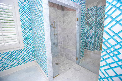 Walk-in shower - large eclectic master gray tile marble floor walk-in shower idea in Raleigh with blue walls and marble countertops