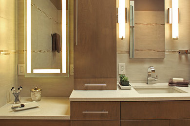 Ejemplo de cuarto de baño principal contemporáneo de tamaño medio con armarios con paneles lisos, puertas de armario grises, encimera de cuarcita, baldosas y/o azulejos blancos y baldosas y/o azulejos de porcelana