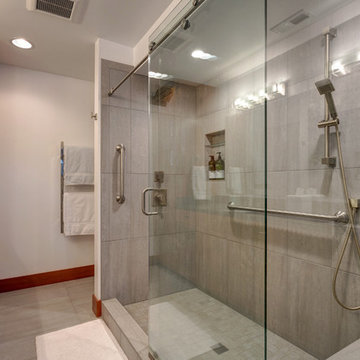 Sliding glass doors on this new double shower