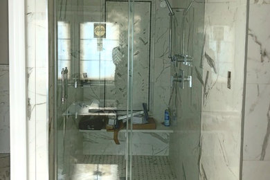 Modelo de cuarto de baño contemporáneo sin sin inodoro con ducha con puerta corredera