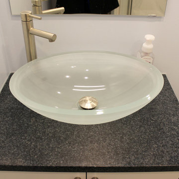 Small Bathroom Contemporary Vanity with Vessel SInk and Cultured Marble Shower