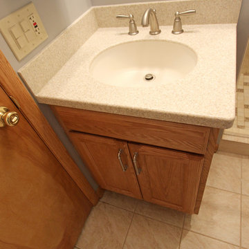 Small Bathroom Remodel with Corian Countertop, Beige Tiled Shower ~ Copley, OH