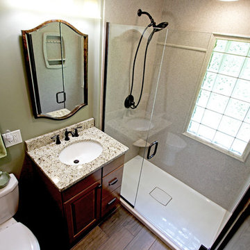 Small Bathroom Remodel with Cultured Marble Shower, Granite Countertops,