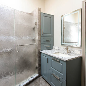 Small Masterbath with Green Cabinetry, Custom Tiled Shower and Storage