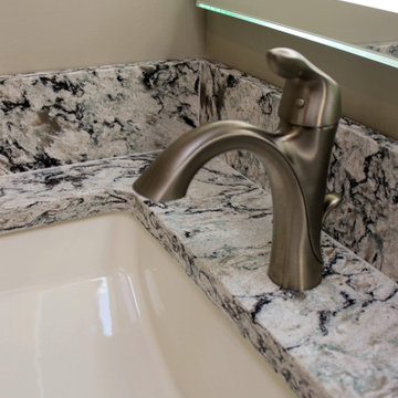 Small Masterbath with Green Cabinetry, Custom Tiled Shower and Storage