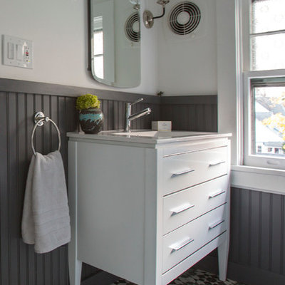 Small eclectic master white tile and subway tile corner shower photo in San Francisco with an integrated sink, white cabinets, a two-piece toilet and white walls