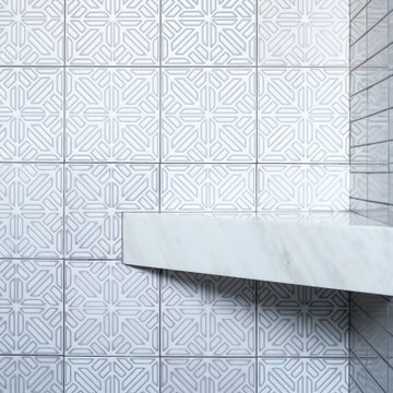 Snowy White Patterned Tile Bathroom