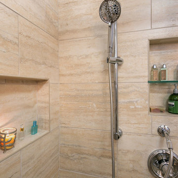 Solana Beach Bathroom Remodel with Polished Chrome Fixtures and Tile Niche