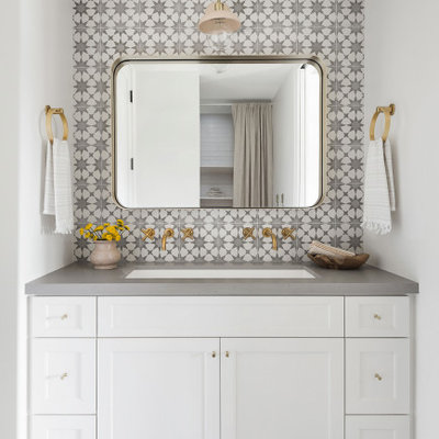 Mid-sized cottage kids' ceramic tile and multicolored tile porcelain tile, gray floor and double-sink bathroom photo in San Diego with shaker cabinets, white cabinets, white walls, a trough sink, quartz countertops, gray countertops and a built-in vanity