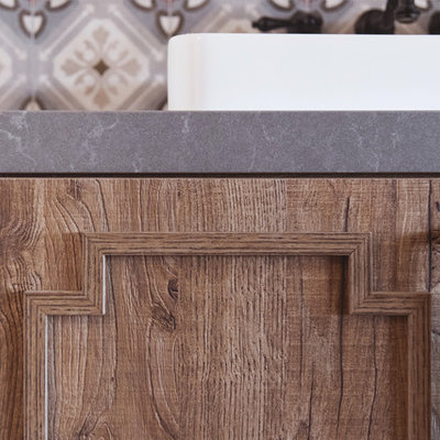 Bathroom - huge southwestern master multicolored tile and ceramic tile terra-cotta tile and orange floor bathroom idea in San Diego with raised-panel cabinets, medium tone wood cabinets, white walls, a vessel sink, a hinged shower door and gray countertops