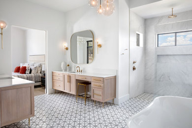 Example of a mid-century modern double-sink bathroom design in Austin