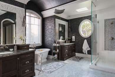 Corner shower - traditional black tile gray floor, double-sink and wallpaper corner shower idea in San Francisco with recessed-panel cabinets, dark wood cabinets, gray walls, an undermount sink, a hinged shower door, gray countertops and a built-in vanity