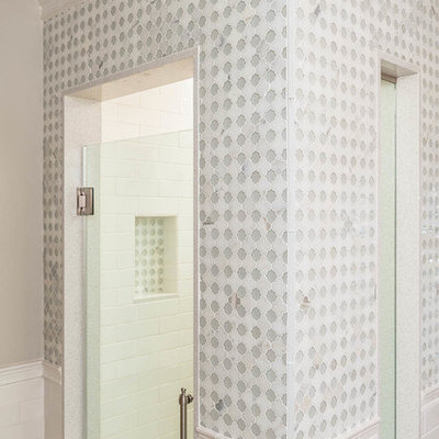 Inspiration for a large timeless master gray tile, white tile and stone tile marble floor corner shower remodel in Indianapolis with beaded inset cabinets, blue cabinets, a two-piece toilet, gray walls and quartz countertops