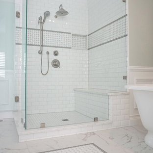Bathroom - large traditional master white tile and subway tile porcelain tile bathroom idea in St Louis with an undermount sink and green walls