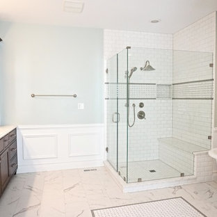Bathroom - large traditional master white tile and subway tile porcelain tile bathroom idea in St Louis with an undermount sink, beaded inset cabinets, dark wood cabinets, quartzite countertops and green walls