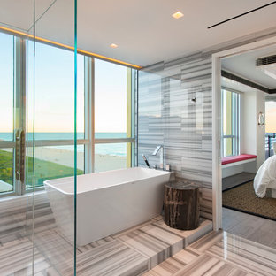 Bathroom - large contemporary master white tile multicolored floor bathroom idea in Miami with multicolored walls