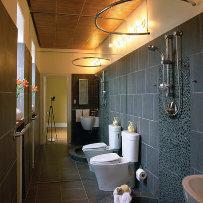 Example of a trendy gray tile and pebble tile bathroom design in DC Metro with a wall-mount sink and a two-piece toilet