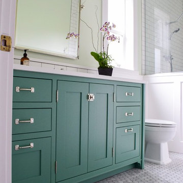 Spa Like Bath with Green Painted Vanity