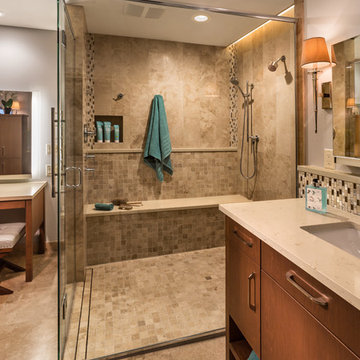 Spacious curb-less shower with abundant seating