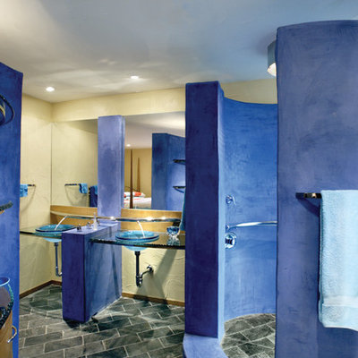Inspiration for a contemporary 3/4 corner shower remodel in San Francisco with a drop-in sink, glass countertops and blue walls
