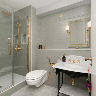 Large classic shower room bathroom in London with recessed-panel cabinets, white cabinets, a one-piece toilet, white tiles, metro tiles, a console sink, a built-in shower, grey walls, marble flooring, grey floors, a hinged door and grey worktops.
