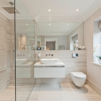 Trendy walk-in shower photo in Surrey with a wall-mount toilet and a vessel sink