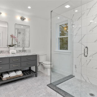 Large transitional master ceramic tile, white floor, double-sink and shiplap wall bathroom photo in New York with gray cabinets, a one-piece toilet, quartz countertops, white countertops and a freestanding vanity