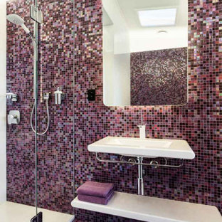 Inspiration for a mid-sized contemporary kids bathroom in Melbourne with multi-coloured tile, mosaic tile, white benchtops, a floating vanity, a single vanity, an alcove shower, mosaic tile floors, a wall-mount sink and purple floor.