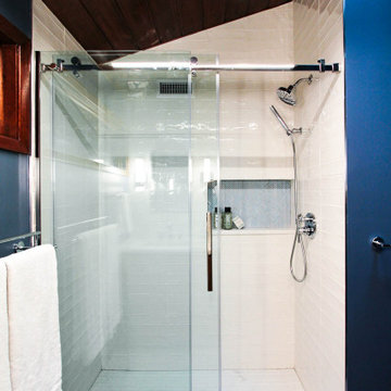 Stainless Steel/Glass Sliding Shower Door and Delta Raincan Shower Head