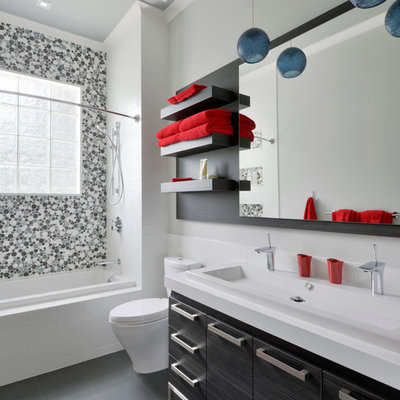 Inspiration for a contemporary gray tile and mosaic tile bathroom remodel in Toronto with a trough sink and flat-panel cabinets
