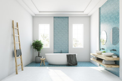 Freestanding bathtub - large transitional master white tile marble floor and white floor freestanding bathtub idea in Chicago with furniture-like cabinets, light wood cabinets, a one-piece toilet, blue walls, a vessel sink and wood countertops