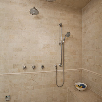Steam shower with a rain-head, hand-held and fixed shower head