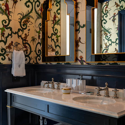 Inspiration for an eclectic 3/4 gray floor bathroom remodel in New York with open cabinets, black cabinets, multicolored walls and an undermount sink
