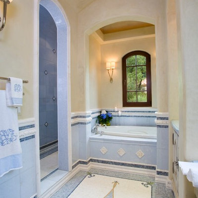 Elegant blue tile drop-in bathtub photo in Denver