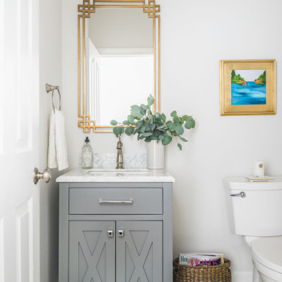 Large elegant kids' white tile porcelain tile and green floor bathroom photo in Charlotte with shaker cabinets, gray cabinets, a two-piece toilet, gray walls, an undermount sink, marble countertops and gray countertops