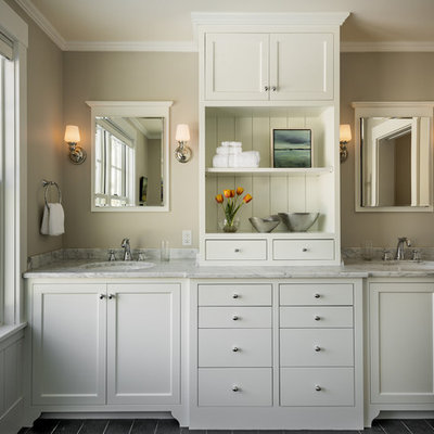Inspiration for a mid-sized timeless slate floor bathroom remodel in Portland Maine with an undermount sink, shaker cabinets, white cabinets, marble countertops and gray walls