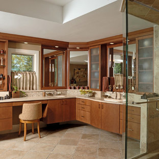 Inspiration for a large contemporary master beige tile and mosaic tile ceramic tile and beige floor bathroom remodel in Chicago with flat-panel cabinets, medium tone wood cabinets, beige walls, an undermount sink, granite countertops and a hinged shower door