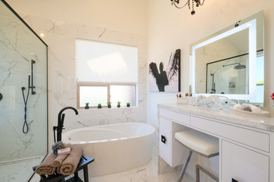 Bathroom - large contemporary master gray tile and mosaic tile multicolored floor, marble floor and double-sink bathroom idea in San Diego with flat-panel cabinets, white cabinets, white walls, marble countertops, gray countertops, a built-in vanity, a one-piece toilet and an undermount sink