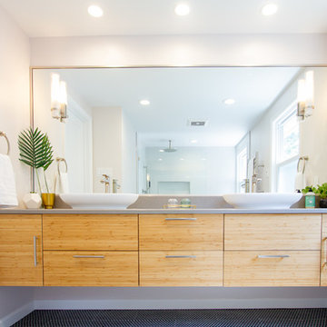 Stunning Bamboo Double Vanity Paired with White Vessel Sinks