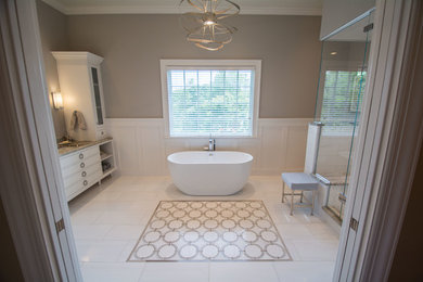 Freestanding bathtub - huge transitional master white tile and marble tile marble floor and gray floor freestanding bathtub idea in New York with flat-panel cabinets, white cabinets, a bidet, gray walls, an undermount sink, marble countertops, a hinged shower door and gray countertops